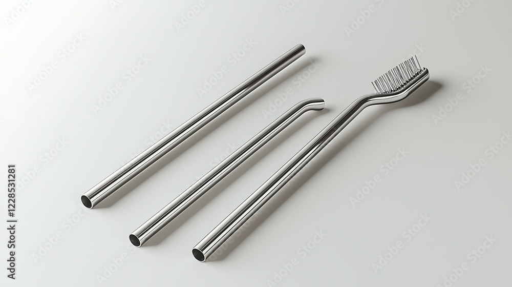 A reusable metal straw set with a cleaning brush, placed on a smooth white background, photorealistic, ultra-sharp focus, clear details, studio lighting, natural colors, realistic lighting, A reusable metal straw set with a cleaning brush, placed on a smooth white background, photorealistic, ultra-sharp focus, clear details, studio lighting, natural colors, realistic lighting,