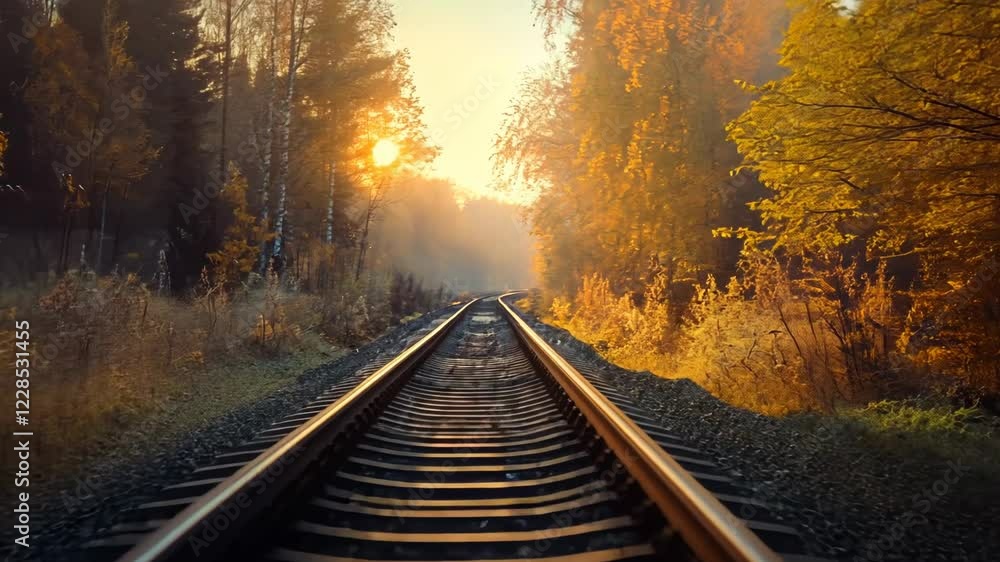 Golden hour sunlight through autumn trees lining a railway track. Golden hour sunlight through autumn trees lining a railway track.