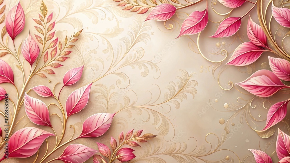 custom made wallpaper toronto digitalElegant Pink and Gold Foliage Design, Featuring Intricate Swirls and Delicate Leaves on a Soft Beige Background, Ideal for Decorative Purposes