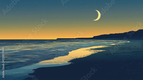 Serene Coastal Scene with Crescent Moon and Twilight Sky Reflection