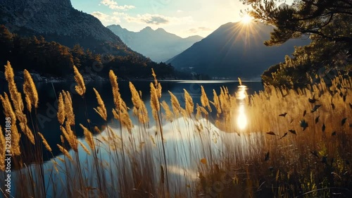 Golden hour sunset over calm lake, mountains in background, tall grass in foreground.