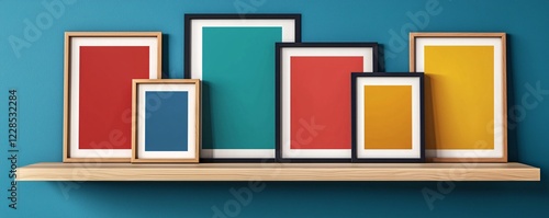Colorful Frames Displayed on Shelf Against Teal Wall Background