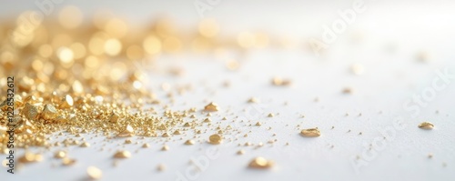 Sparkling gold glitter confetti scattered on a snowy white background, glittery confetti snow white background festive holiday decoration, sparkling holiday decoration