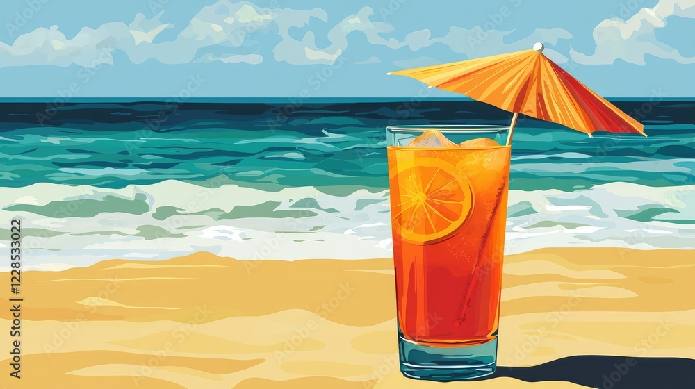 Obraz premium Refreshing Tropical Drink with Umbrella by the Ocean Shoreline