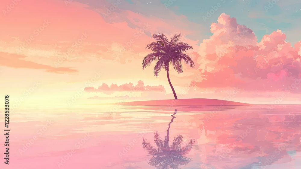 Fototapeta premium Serene Sunset Over Calm Waters with a Lone Palm Tree Reflection