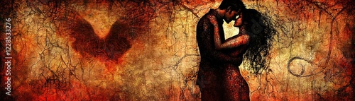 Passionate couple embrace, fiery background, ominous shadow. Romance art photo