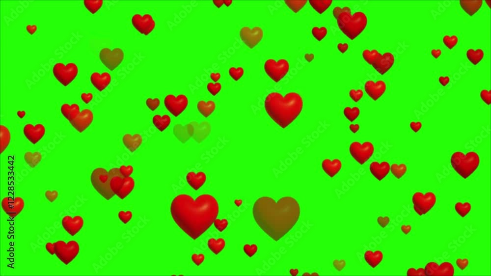 red hearts looped animation on green screen background. cartoon red ...