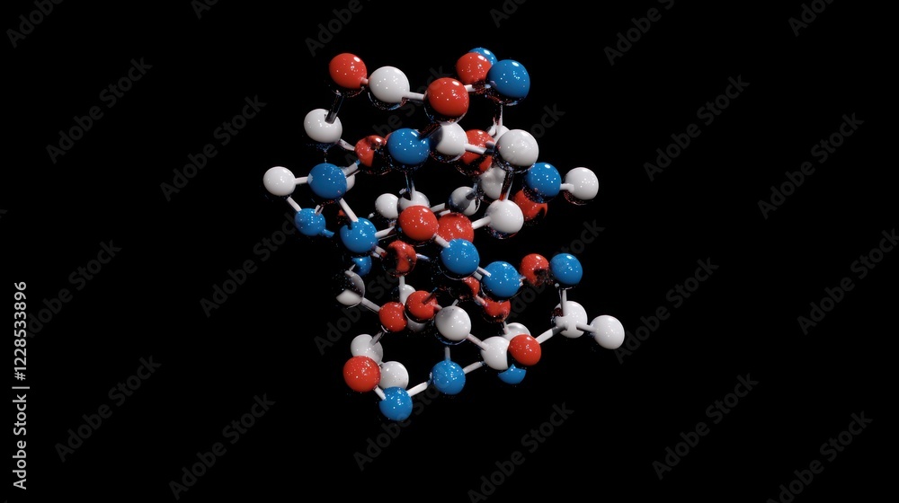 Molecular Structure: A 3D rendering of a complex molecule, showcasing intricate bonds and atom arrangements. The vibrant color scheme enhances the visual appeal, ideal for science education. Molecular Structure: A 3D rendering of a complex molecule, showcasing intricate bonds and atom arrangements. The vibrant color scheme enhances the visual appeal, ideal for science education.