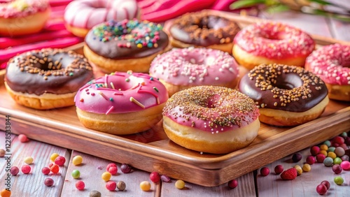 Wallpaper Mural A delightful assortment of assorted sweet treats arranged on a wooden tray, surrounded by colorful sprinkles Torontodigital.ca