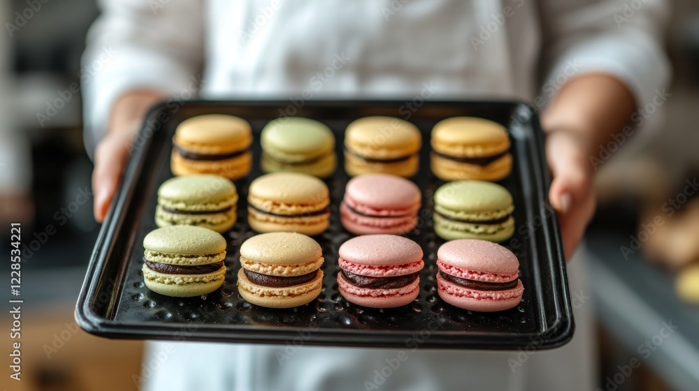 Freshly baked colorful macarons on a tray held by a person in a chef's uniform. Freshly baked colorful macarons on a tray held by a person in a chef's uniform.