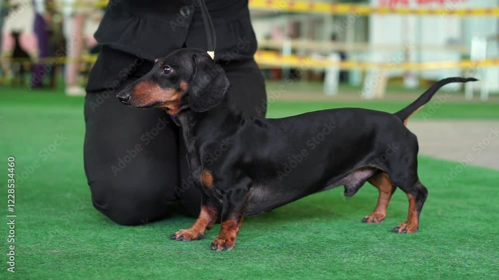 Hand of handler holds dachshund on leash in ring of dog show, gives dry food reward for obedience Preparation for competition, rehearsal of performance on lawn fenced off with tape from spectators Hand of handler holds dachshund on leash in ring of dog show, gives dry food reward for obedience Preparation for competition, rehearsal of performance on lawn fenced off with tape from spectators