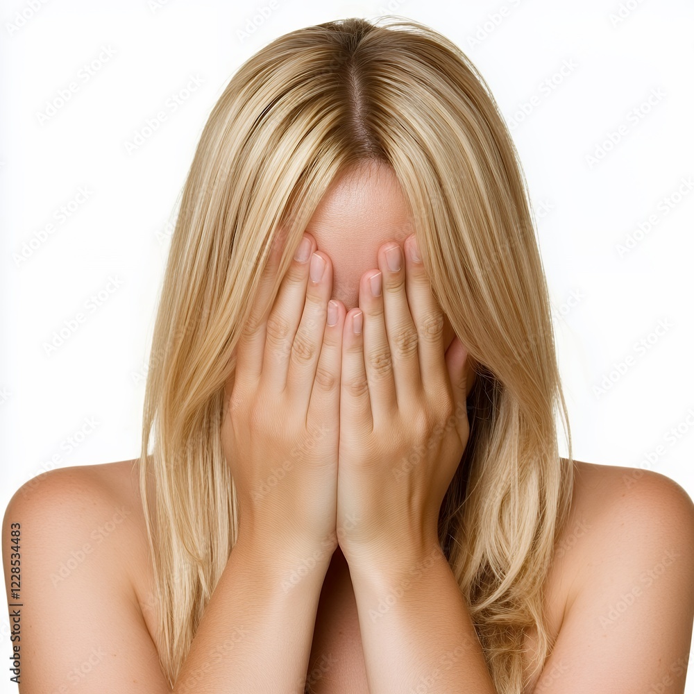 Young Woman Hiding Face, Expressing Sadness and Vulnerability Young Woman Hiding Face, Expressing Sadness and Vulnerability