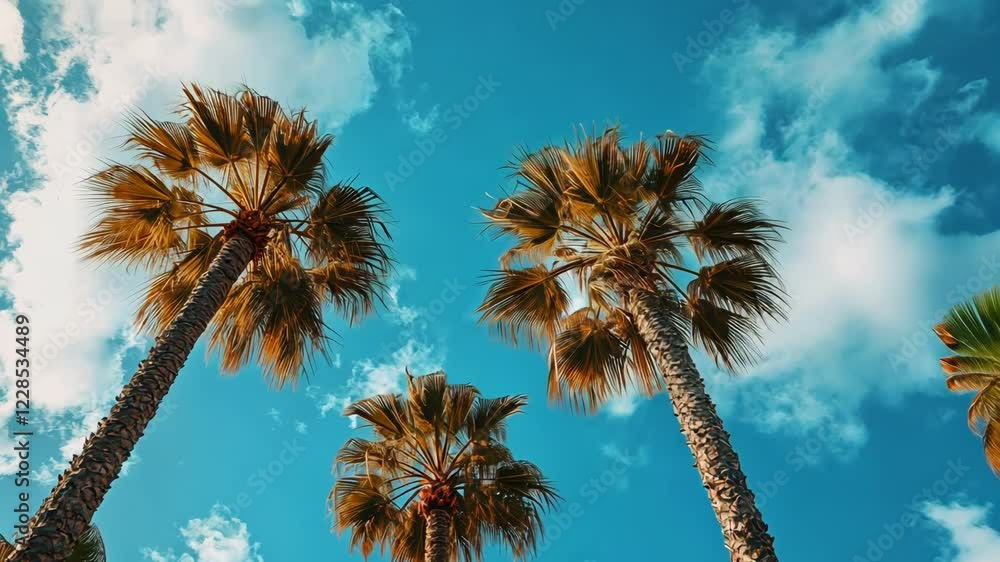 Low-angle view of three palm trees against a vibrant blue sky with fluffy clouds.