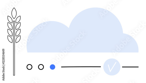Wheat stalk with blue cloud, horizontal progress bar featuring blue dot and tick icon. Ideal for agriculture, technology, data analysis, cloud computing, progress tracking, environmental