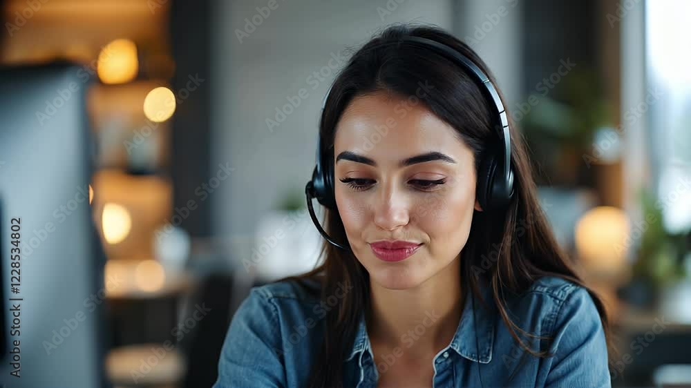 Smiling woman wearing headset, giving a virtual presentation in a modern office.