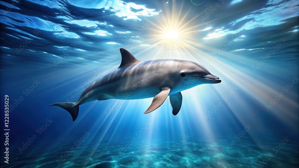 Obraz premium Dolphin swimming in blue ocean with light on water surface, light on water