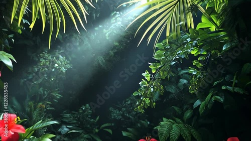 Lush tropical rainforest with vibrant red flowers and green foliage.
