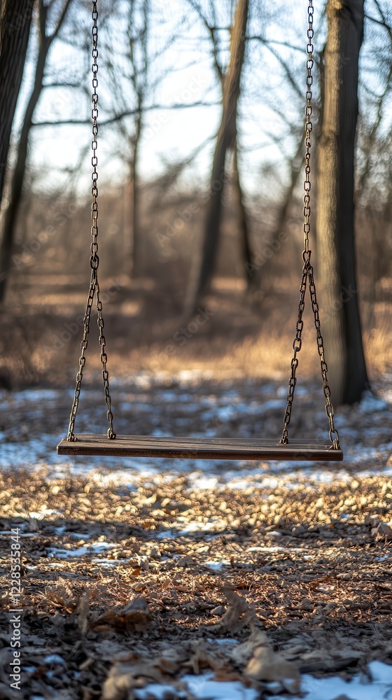 Obraz premium Empty Swing Set Swaying Gently in the Wind in a Quiet Wooded Area Reflecting Nostalgia. Generative AI