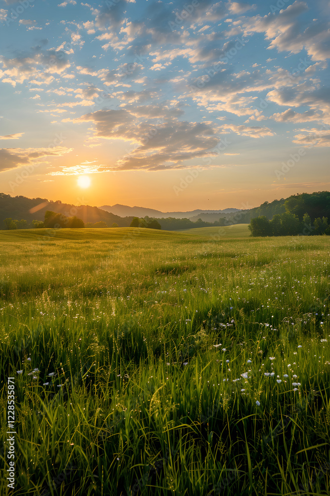 Golden Morning: Tranquil Meadow Bathed in Sunrise Light Against a Backdrop of Rolling Hills and Clear Skies Golden Morning: Tranquil Meadow Bathed in Sunrise Light Against a Backdrop of Rolling Hills and Clear Skies
