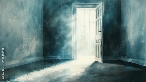 Mystic Light Illuminating an Open Door in a Dark Room