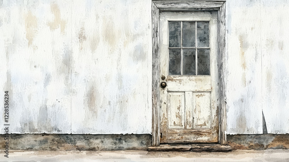 Fototapeta premium Weathered Wooden Door Against Faded White Wall with Peeling Paint