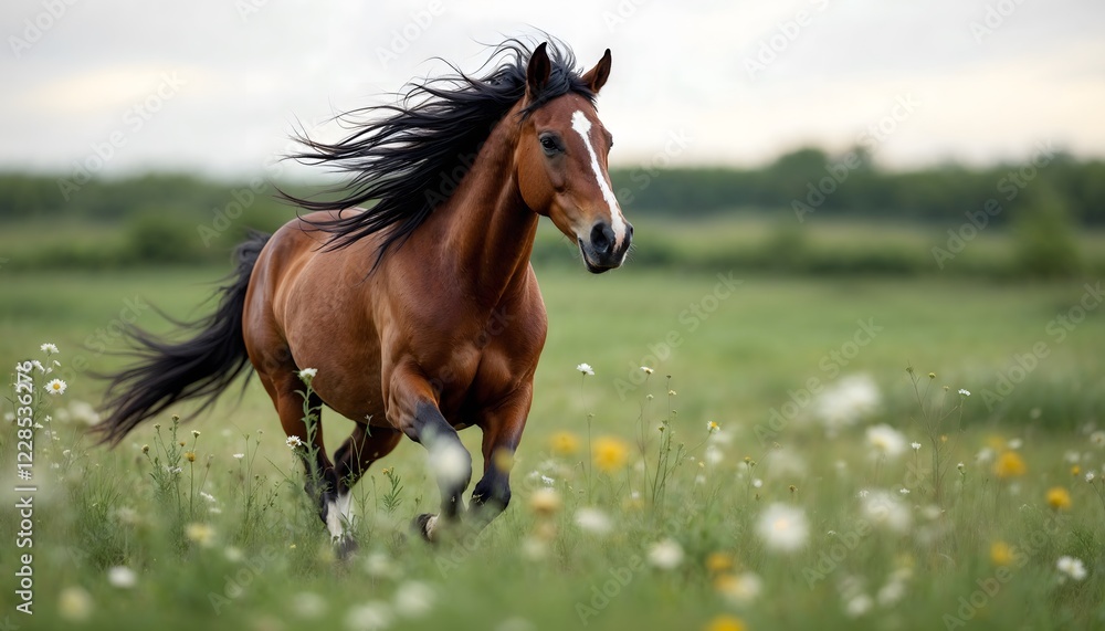 Stunning Bay Horse Running in Wildflower Meadow Stunning Bay Horse Running in Wildflower Meadow