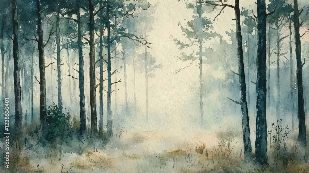 Fototapeta premium Misty Forest Landscape with Soft Light and Tall Trees in Watercolor