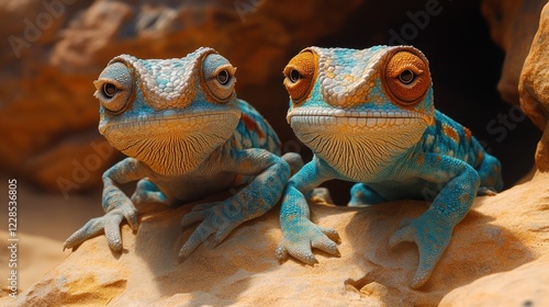 Two Chameleons with scales and big eyes sitting on sand looking at the viewer in a detailed photo photo