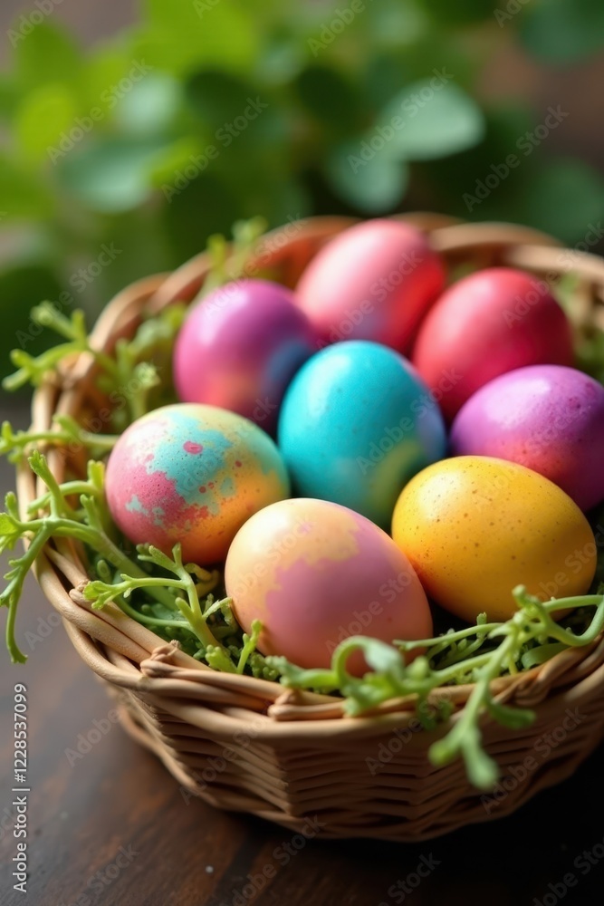 Vibrant dyed eggs, nestled together in a spring basket , dyed eggs, handmade, Easter eggs