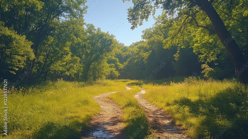 Sunlit Path Through Lush Green Forest With Bright Blue Sky Above Path, nature Sunlit Path Through Lush Green Forest With Bright Blue Sky Above Path, nature