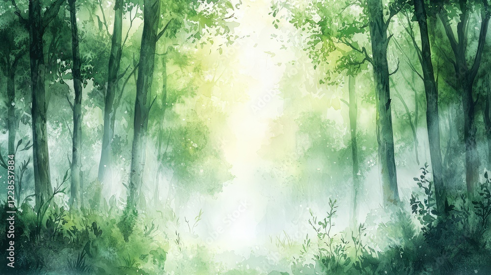 Fototapeta premium Serene Forest Landscape with Lush Green Trees and Misty Background