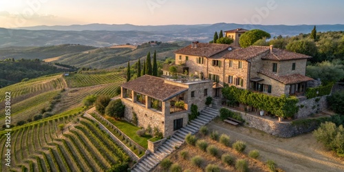 Scenic countryside villa surrounded by lush vineyards and rolling hills at sunset in Tuscany, Italy