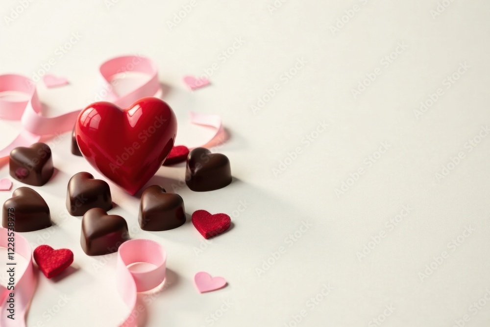 Obraz premium A Large Red Heart Surrounded by Smaller Chocolate Hearts and Pink Ribbons on a White Background
