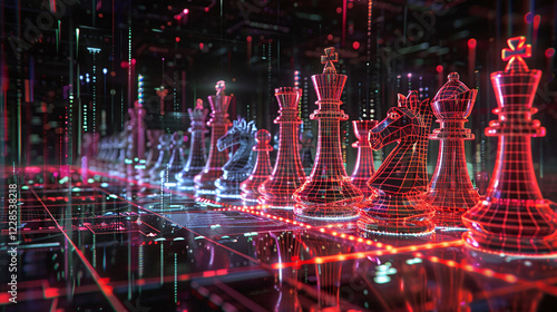 A high-tech chessboard featuring glowing holographic wireframe chess pieces in a cyber environment, symbolizing AI, strategy, cybersecurity, and digital warfare