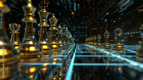 A high-tech chessboard with glowing golden chess pieces set in a digital cyber environment, symbolizing AI, strategy, cybersecurity, and technological advancement