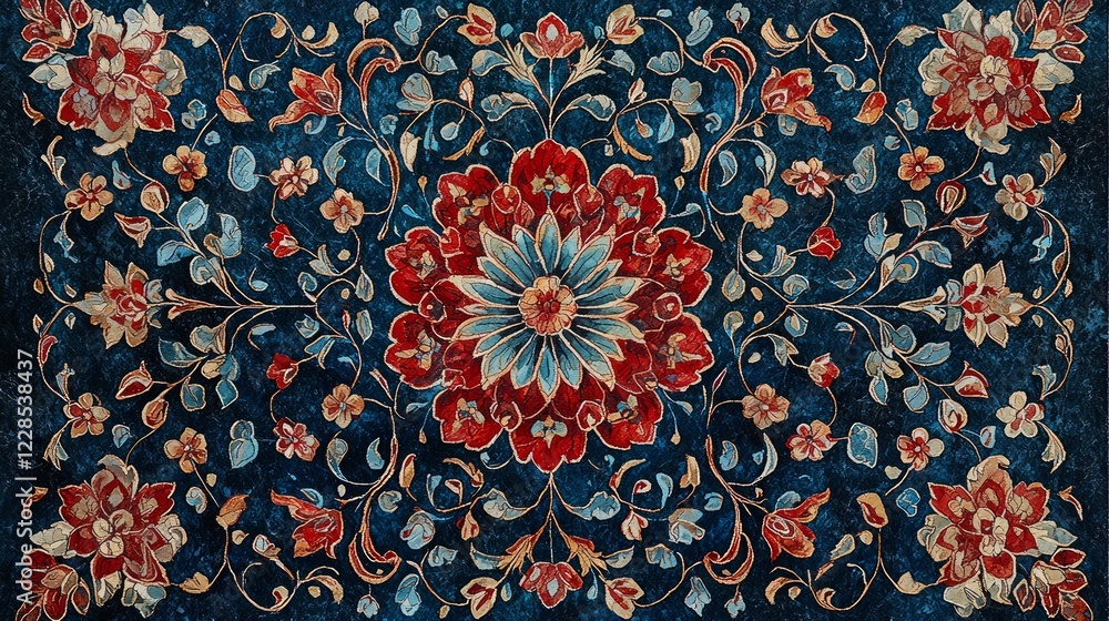 Ornate floral rug design, intricate pattern, dark blue background, home decor textile Ornate floral rug design, intricate pattern, dark blue background, home decor textile
