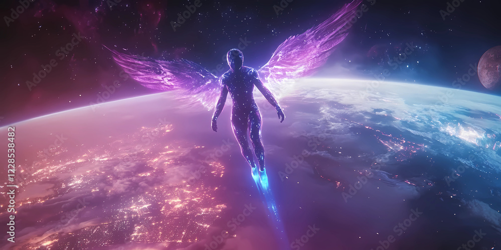 A man in a space suit is flying through the sky above a planet A man in a space suit is flying through the sky above a planet