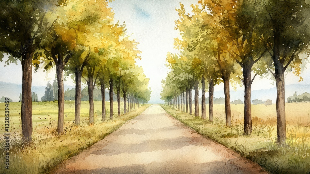 Naklejka premium Serene Pathway Through Autumn Trees in a Tranquil Landscape Scene