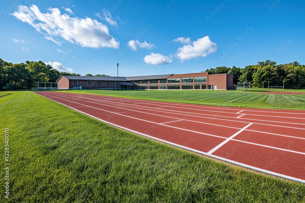 Obraz premium Running track and school building on a sunny day. Perfect for education, sports, and healthy lifestyle concepts.