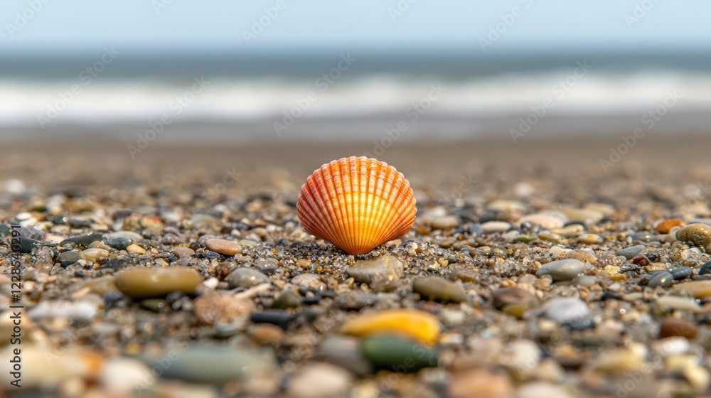 Obraz premium Tranquil seascape, a serene shell resting on the golden sands of peaceful beach