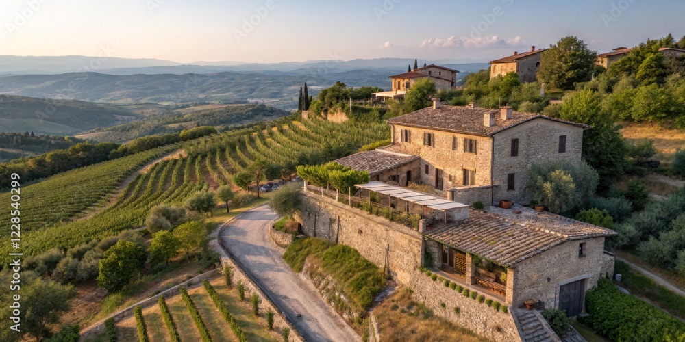 Fototapeta premium Scenic view of a rustic stone villa surrounded by vineyards in a Tuscan landscape during golden hour