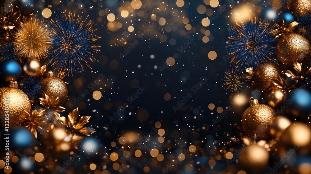 Festive celebration background featuring golden and blue ornaments with sparkling lights and fireworks Festive celebration background featuring golden and blue ornaments with sparkling lights and fireworks