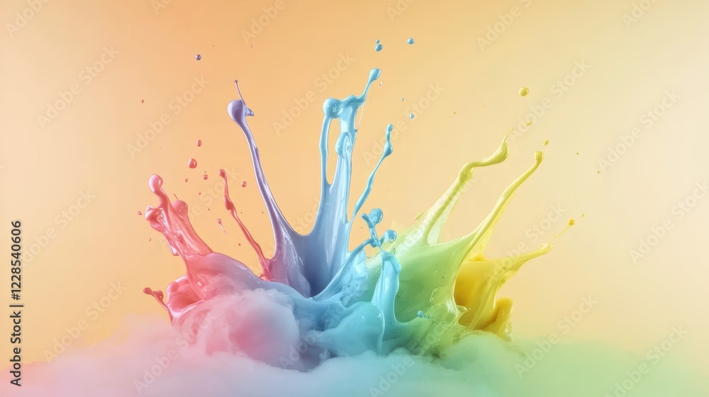 Fototapeta premium Colorful paint splashes on a vibrant yellow background, an abstract art explosion