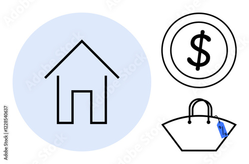 House within light blue circle, dollar sign coin, shopping bag with price tag. Ideal for concepts of home finance, budgeting, saving, real estate, consumerism shopping economics. Abstract line flat