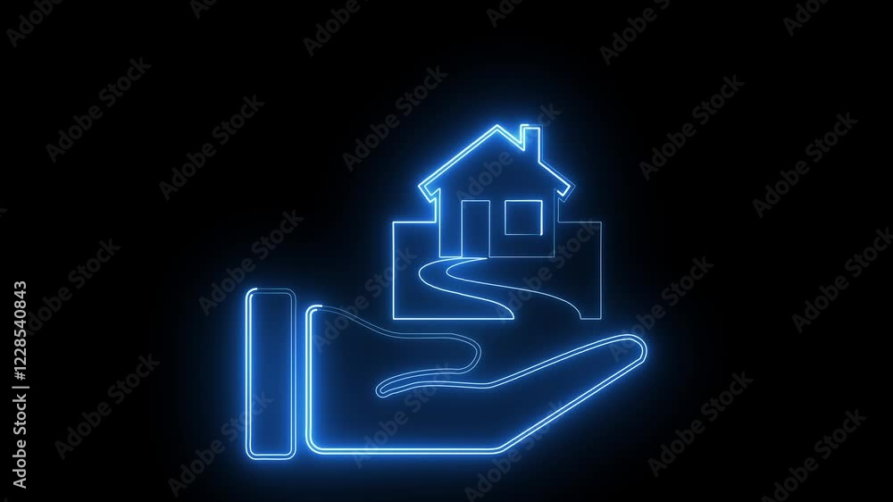 A neon hand and home icon symbolizes a welcoming gesture or gesture of support, combined with a home symbol, conveying comfort, security, and personal connection in a vibrant style. A neon hand and home icon symbolizes a welcoming gesture or gesture of support, combined with a home symbol, conveying comfort, security, and personal connection in a vibrant style.