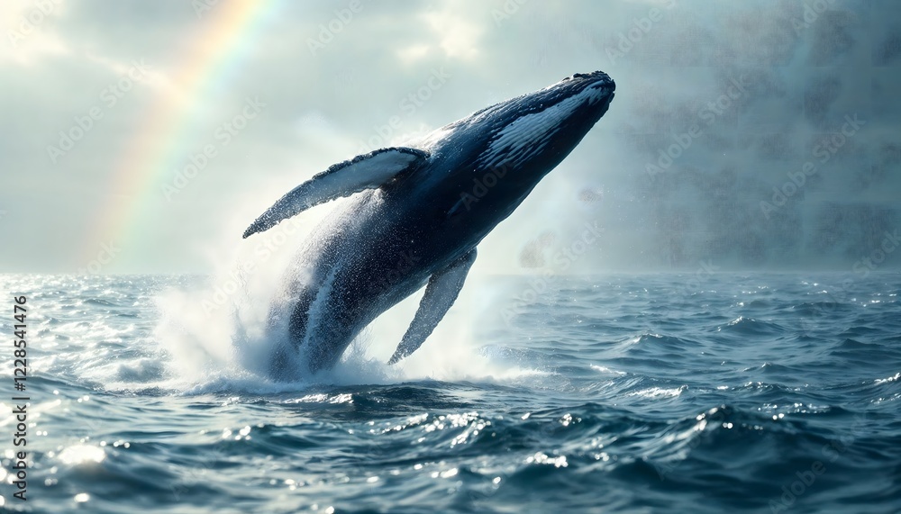 Fototapeta premium Majestic Humpback Whale Breaching Ocean Rainbow