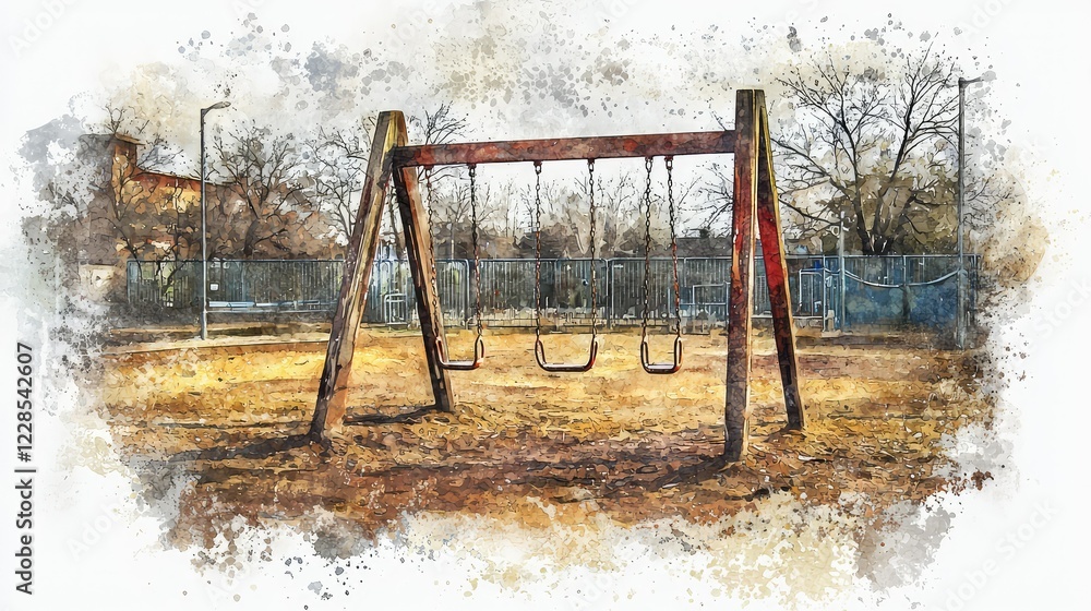 Fototapeta premium Empty playground swings at a deserted park in soft watercolor style