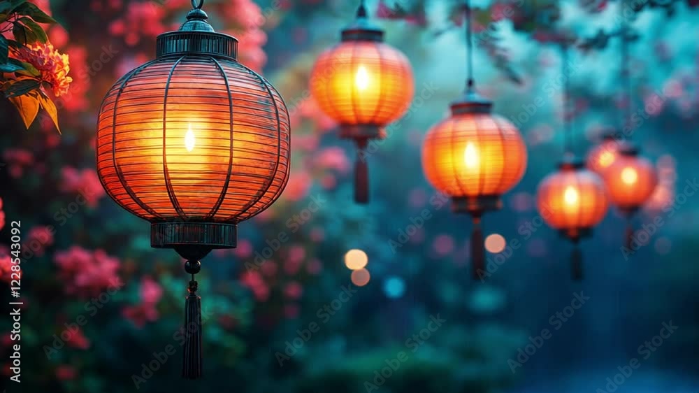 Illuminated Night: Asian Lanterns in a Tranquil Garden Illuminated Night: Asian Lanterns in a Tranquil Garden