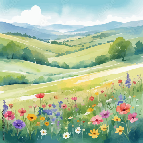 bright and cheerful watercolor scene of a blooming meadow in spring, with wildflowers and distant rolling hills