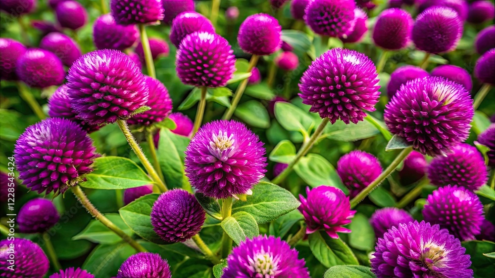 Fototapeta premium Close-Up Drone Photography of Vibrant Purple Globe Amaranth Flowers – Nature's Beauty in Detail